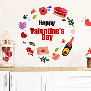 Close-up detail of Happy Valentine's Day wall sticker with hearts and champagne