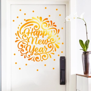 Golden Happy New Year wall sticker with gradient calligraphy on a white door