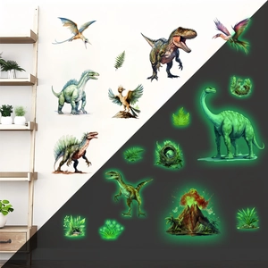 Stickers muraux dinosaures fluorescents montrant l'effet jour et nuit pour enfant