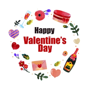 Watercolor Valentine's Day wall sticker with wreath, hearts and champagne bottle