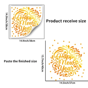 Detail of Happy New Year gold window decal showing product dimensions and application layout