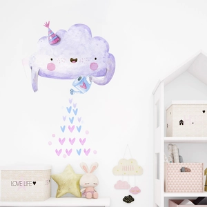 Watercolor cartoon purple cloud with party hat watering pink hearts wall sticker for kids room