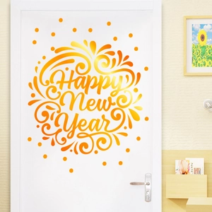 Detailed view of Happy New Year wall sticker in orange gradient on a white door