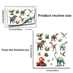Détails du pack de stickers muraux dinosaures fluorescents avec dimensions et mise en page