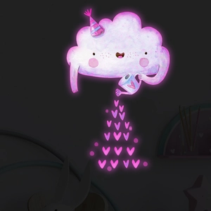 Glow-in-the-dark pink cloud and heart wall sticker decal with neon lighting for bedrooms