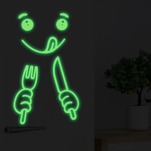Glow in the dark kitchen wall sticker featuring a cute smiling face with cutlery detail
