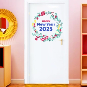 Detail of Happy New Year 2025 wreath door sticker featuring champagne and festive icons