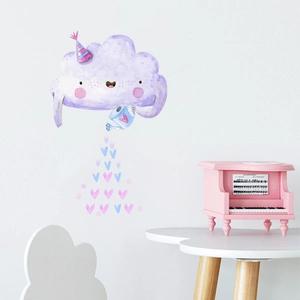 Pastel pink cloud and heart wall decal for nursery bedroom with watercolor design