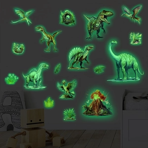 Autocollants muraux dinosaures luminescents avec volcan et T-Rex pour chambre d'enfant
