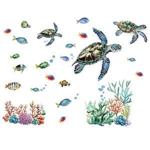 Luminous ocean wall stickers with watercolor sea turtles, tropical fish and coral reef icons