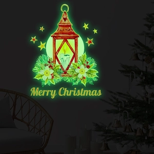 Luminous Christmas wall sticker featuring red lantern with pine branches and stars