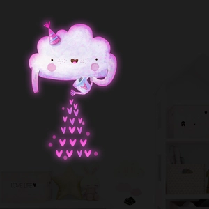 Detail of pink LED cloud wall sticker with watering can and hearts for kid bedroom