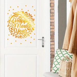 Golden Happy New Year gradient wall decal applied on a white interior door for party decor