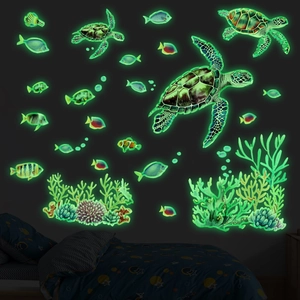 Glow In The Dark Ocean Sea Turtle Wall Stickers Luminous PVC Decals Coral Fish Seaweed Underwater World Kids Bedroom Decor