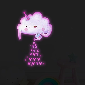 Glow-in-the-dark purple cloud wall sticker with pouring heart elements for kids room decor