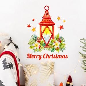 Watercolor Christmas wall sticker with red lantern, star decals and Merry Christmas text