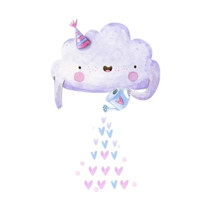 Hand-painted pink cloud wall sticker with party hat and watering hearts for bedroom decor