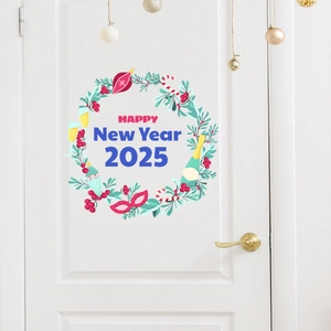 Detail of 2025 Happy New Year wreath door sticker with champagne and party elements