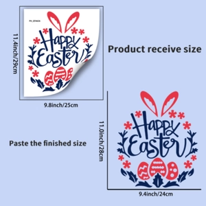 Details der Oster-Wandaufkleber mit Hasenohren und Happy Easter Kranz-Abmessungen