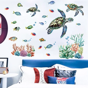 Luminous ocean wall stickers with watercolor sea turtles, corals, and tropical fish