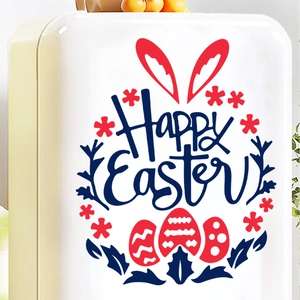 Nahaufnahme von Happy Easter Wandtattoo mit bunten Eiern und Hasenohren auf weißem Grund