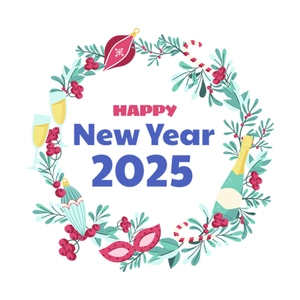 Floral wreath design sticker featuring Happy New Year 2025 text and party elements