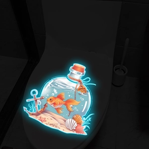 Luminous wall sticker showing a fish in a bottle with sea elements on white background