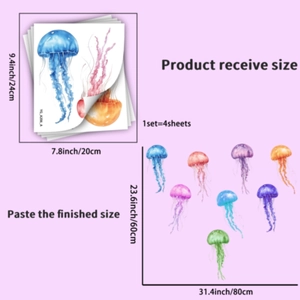 Luminous jellyfish wall decals set of 4 pieces with dimensions 24x20cm and 80x60cm
