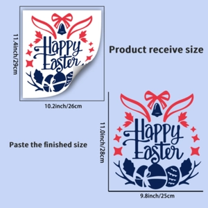 Oster-Wandaufkleber Maße mit Happy Easter Hasenohren und bunten Eiern Design