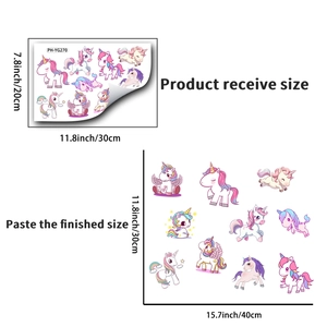 Detailed size specifications for unicorn glow stickers showing receive and finished layouts
