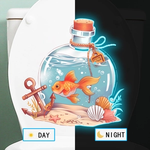 Glow-in-the-dark fish in a bottle wall decal shown in day and night lighting effects
