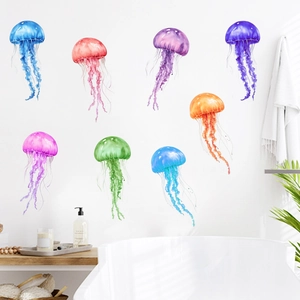 Colorful watercolor jellyfish wall decals set for bathroom and bedroom interior decor