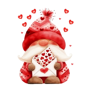 Watercolor gnome sticker with striped heart hat holding a letter for Valentine decor