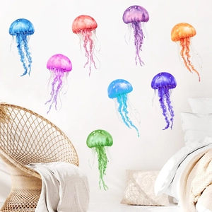 Luminous blue jellyfish wall decals set for kids room decoration in watercolor style