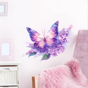 Stickers muraux papillons dégradés violets et roses avec fleurs pour la chambre