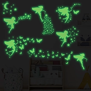 Luminous Fairy Star Moon Wall Sticker Glow In The Dark Fairy Butterfly Silhouette Wall Decal For Kids Room Home Decor