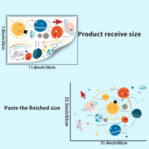 Solar system wall stickers showing product receive size and finished layout dimensions