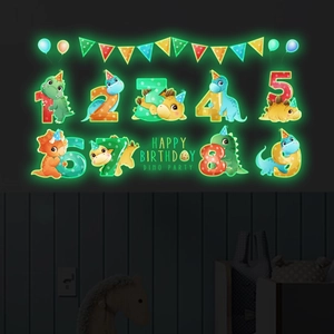 Autocollants Muraux Lumineux Chiffres Dinosaures Dessin Animé en PVC Imperméable pour Décoration Chambre Enfant Fête