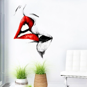 Sticker mural lèvres rouges romantiques style croquis pour décoration intérieure moderne