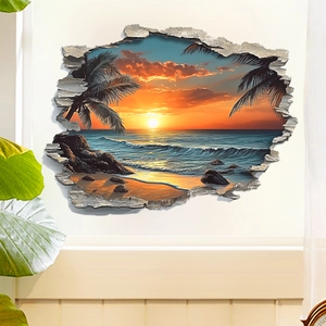 Detail of 3D beach sunset wall sticker showing tropical palm trees and breaking wall effect