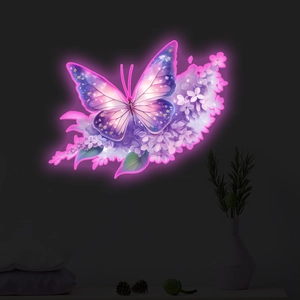 Papillon et fleurs néon violet décoration murale LED lumineuse pour chambre