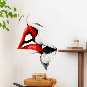 Sticker mural romantique lèvres rouges avec art linéaire moderne pour décoration maison