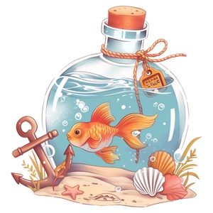Luminous ocean themed wall decal with a colorful goldfish inside a glass bottle