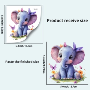 Detail of cute elephant wall sticker showing received and finished paste dimensions
