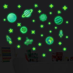 Adesivi murali luminosi sistema solare con pianeti stelle e razzi per cameretta dei bambini