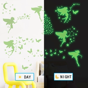 Glow in the dark fairy and star wall stickers showing day and night contrast effect