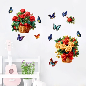 Detail view of floral wall decals featuring rose baskets and colorful butterflies in a living room
