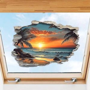 3D beach sunset window wall sticker with palm trees and ocean view for home decor