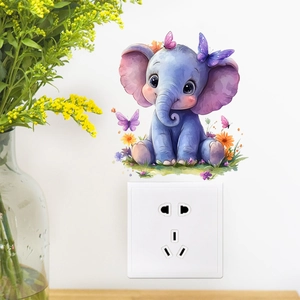 Watercolor cute elephant wall sticker with purple butterflies for home light switch decor