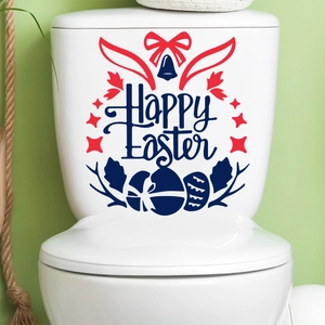 Detail von Frohe Ostern Toilettenaufkleber mit Hasenohren und bunten Eiern auf weißem Tank